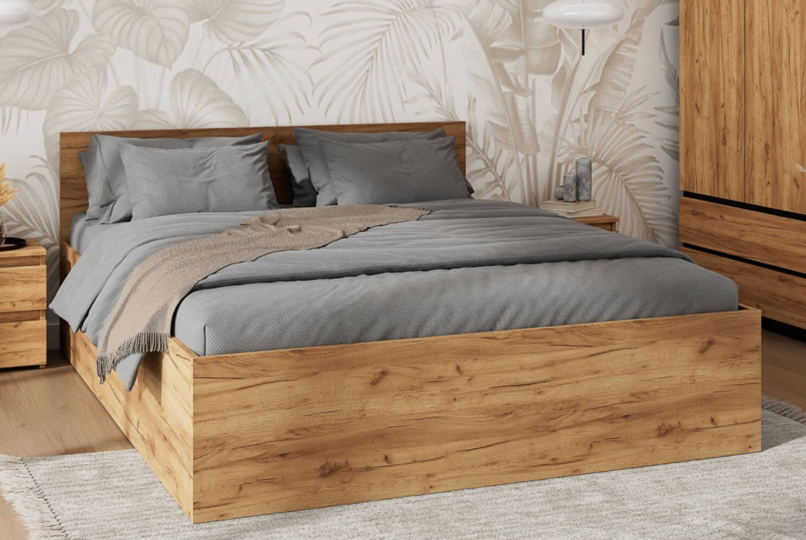 Bett Woody in Holzoptik mit Bettkasten –  inkl. Lattenrost & Matratze