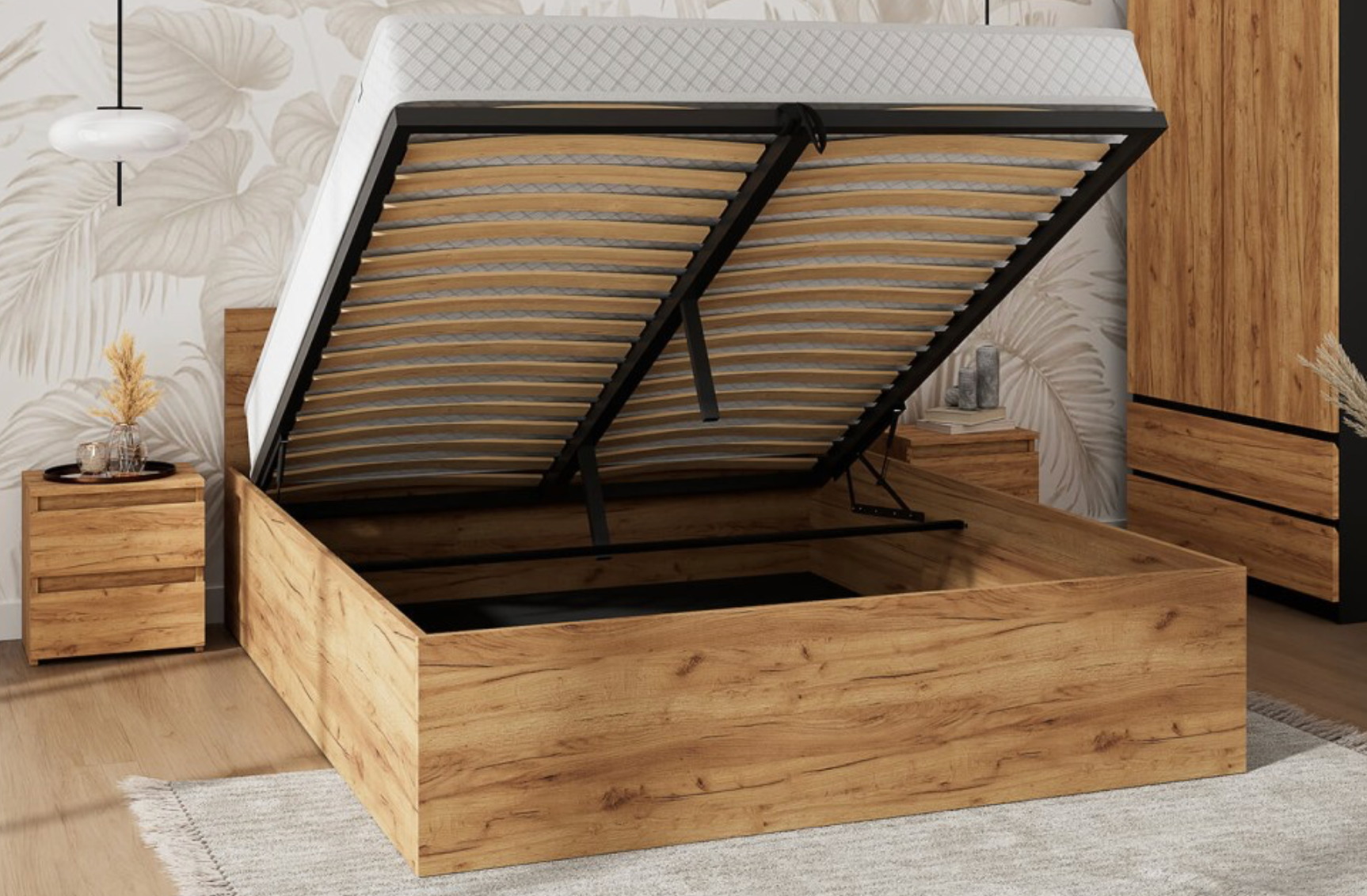 Bett Woody in Holzoptik mit Bettkasten –  inkl. Lattenrost & Matratze